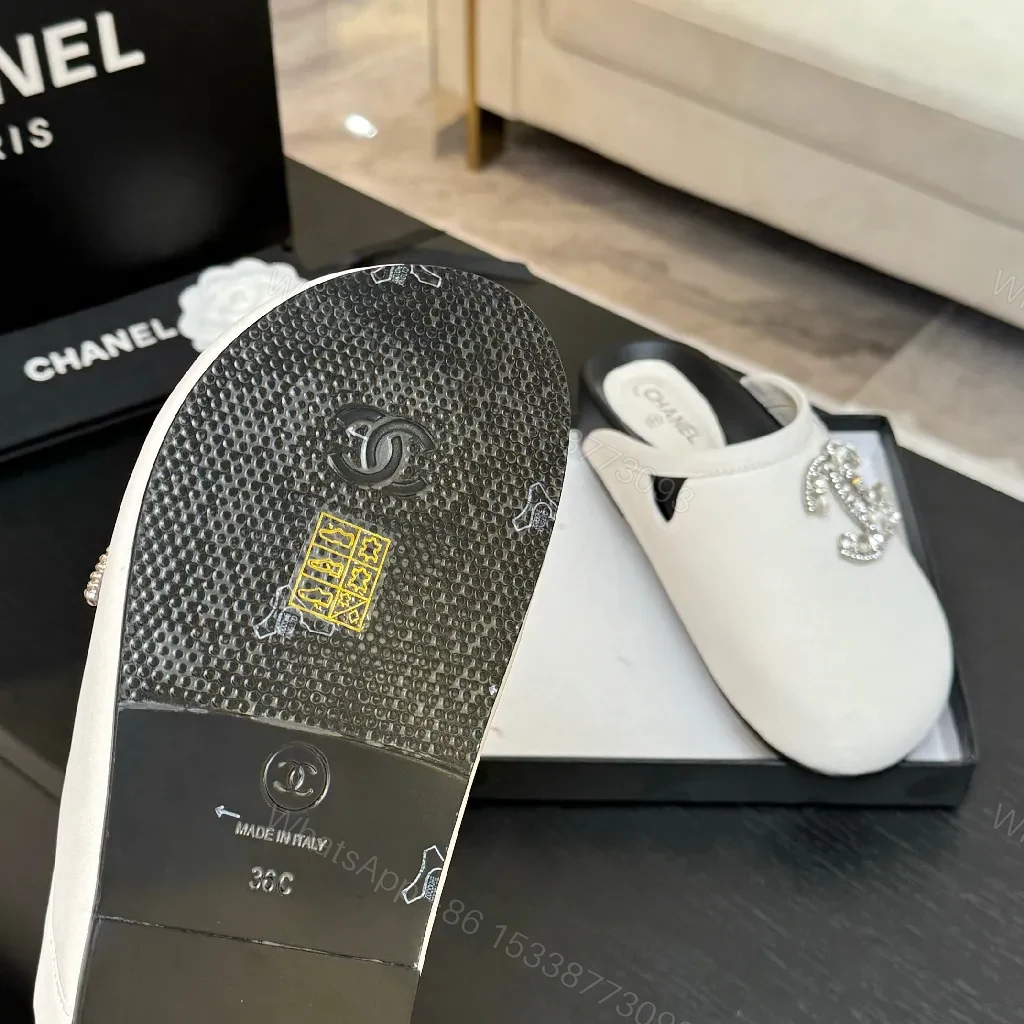 View 6 of Light-Gray Satin Mules with Crystal Emblem - Subtle Glamour