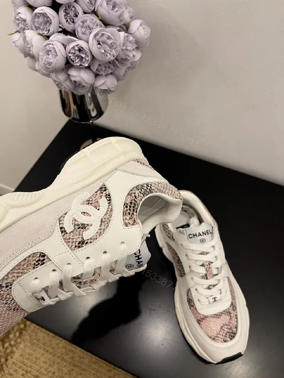 View 2 of Snake-Print Sneakers: White Leather, Pink Accent, Modern Luxe, Comfort