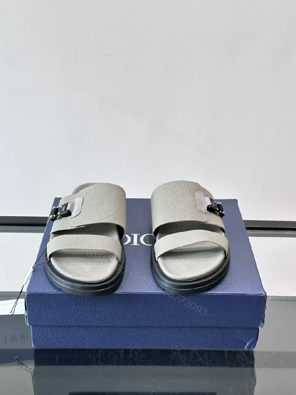 View 9 of Gray Leather Slides Buckle Feature Dior Sandals