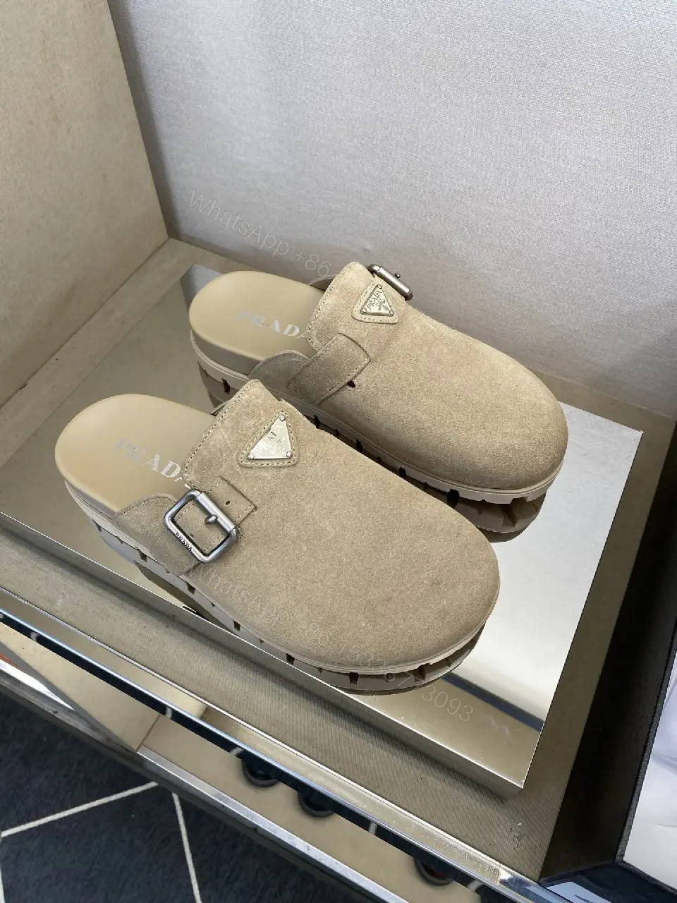 View 9 of Beige Suede Leather Prada Logo Mule Slippers