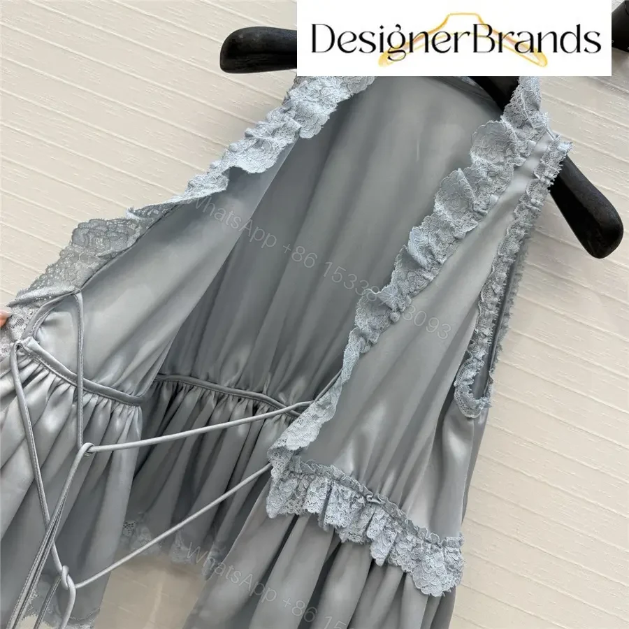 View 8 of Chloe Blue Silk-Satin Top with Lace Trim