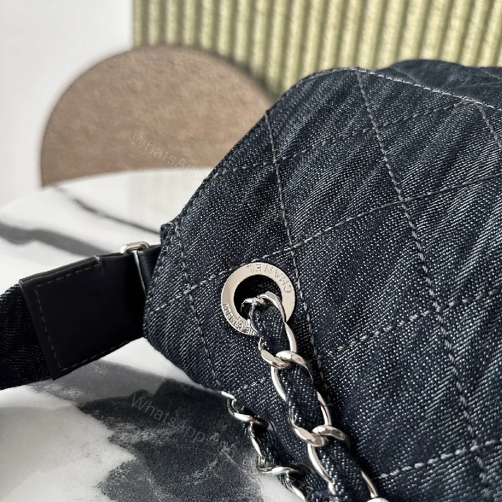 View 7 of Dark Denim Quilted Chain Bag — Modern Luxe, Compact Style