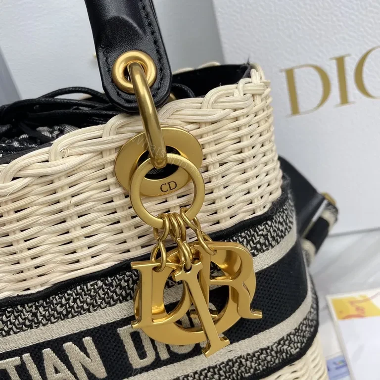 View 5 of Dior Structured Straw Handbag with Leather Trim & Logo Band