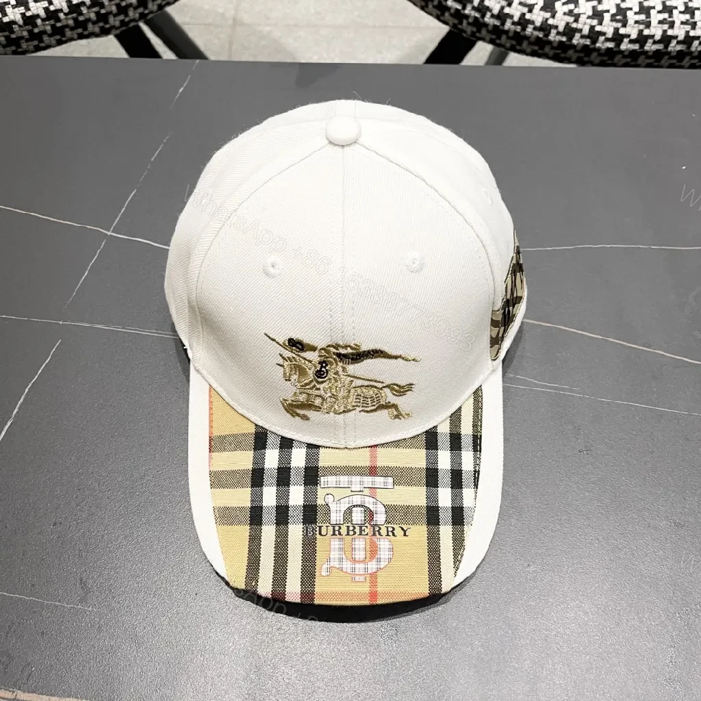 View 5 of White Plaid-Visor Sports Cap with Golden Motif Embroidery