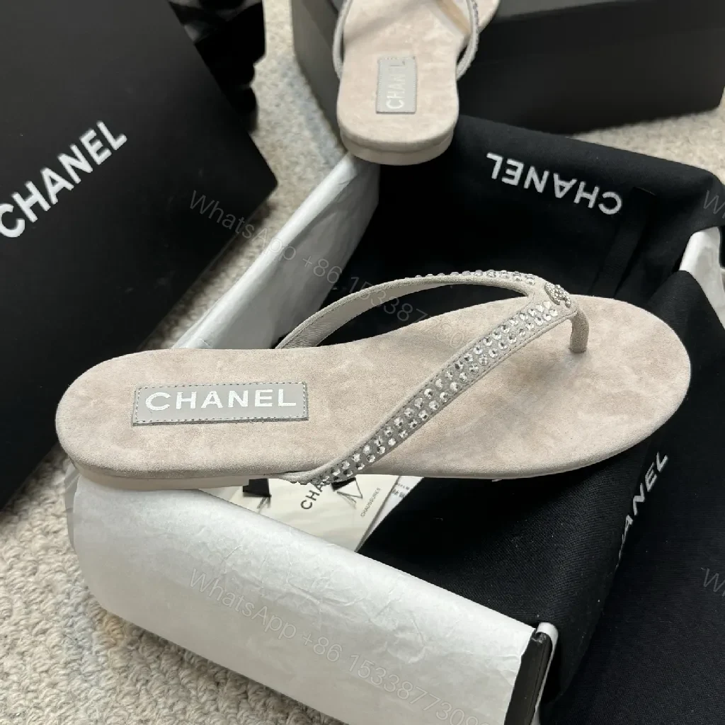 View 3 of Sand Beige Crystal-Embellished Chanel-Style Flip-Flops - All-Day Glam