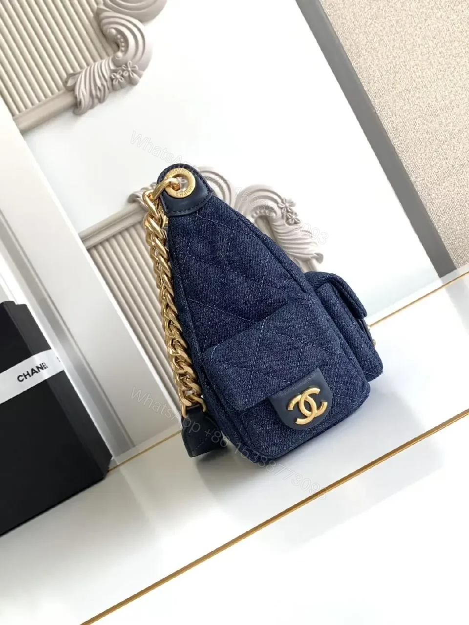 View 9 of Quilted Denim Shoulder Bag with Gold Chain Hardware