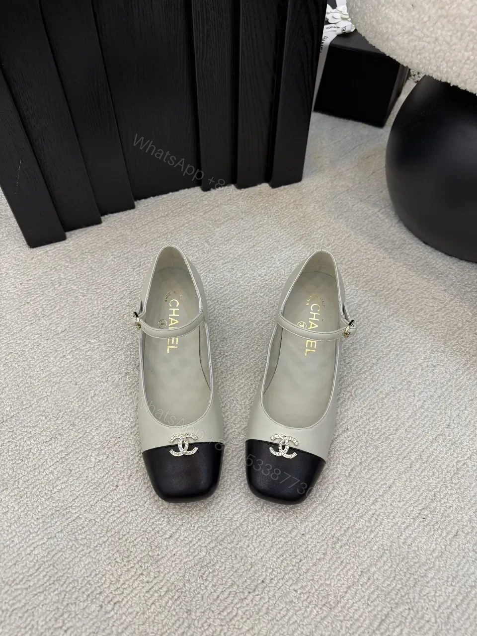 View 7 of Ivory/Black Two-Tone Pumps with Ankle Strap, Classic-Edge Style