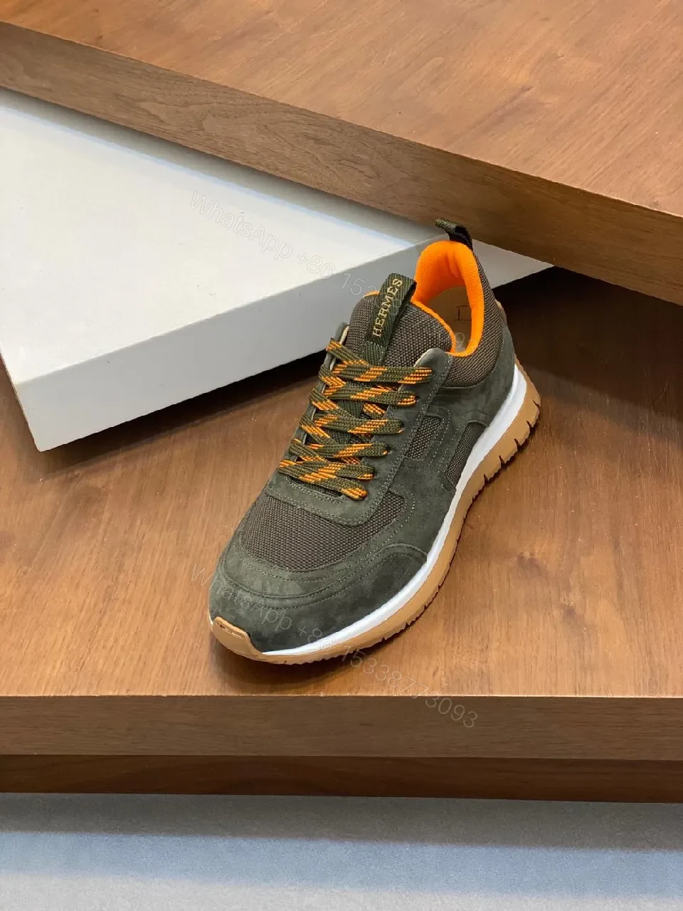 View 4 of Dark Olive Suede & Mesh Sneakers – Low-Profile Chevré Neon Accent