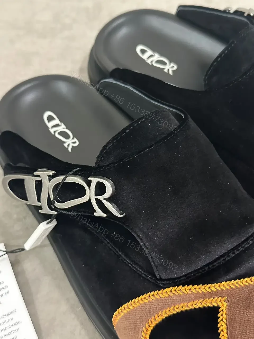 View 3 of Black Velvet Suede Modern Iconic D Logo Sandals
