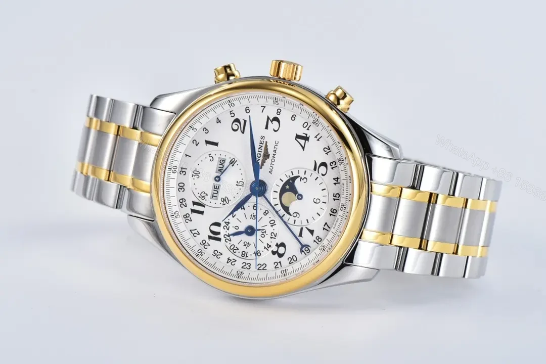 View 5 of Longines Master Collection Moonphase Chronograph Watch Silver Dial Two Tone Stainless Steel Bracelet Classic Elegant Style