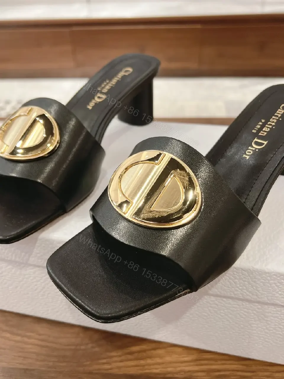 View 10 of Black Leather Sandals with Gold Logo Buckle, Dior Style, Slide Sandals