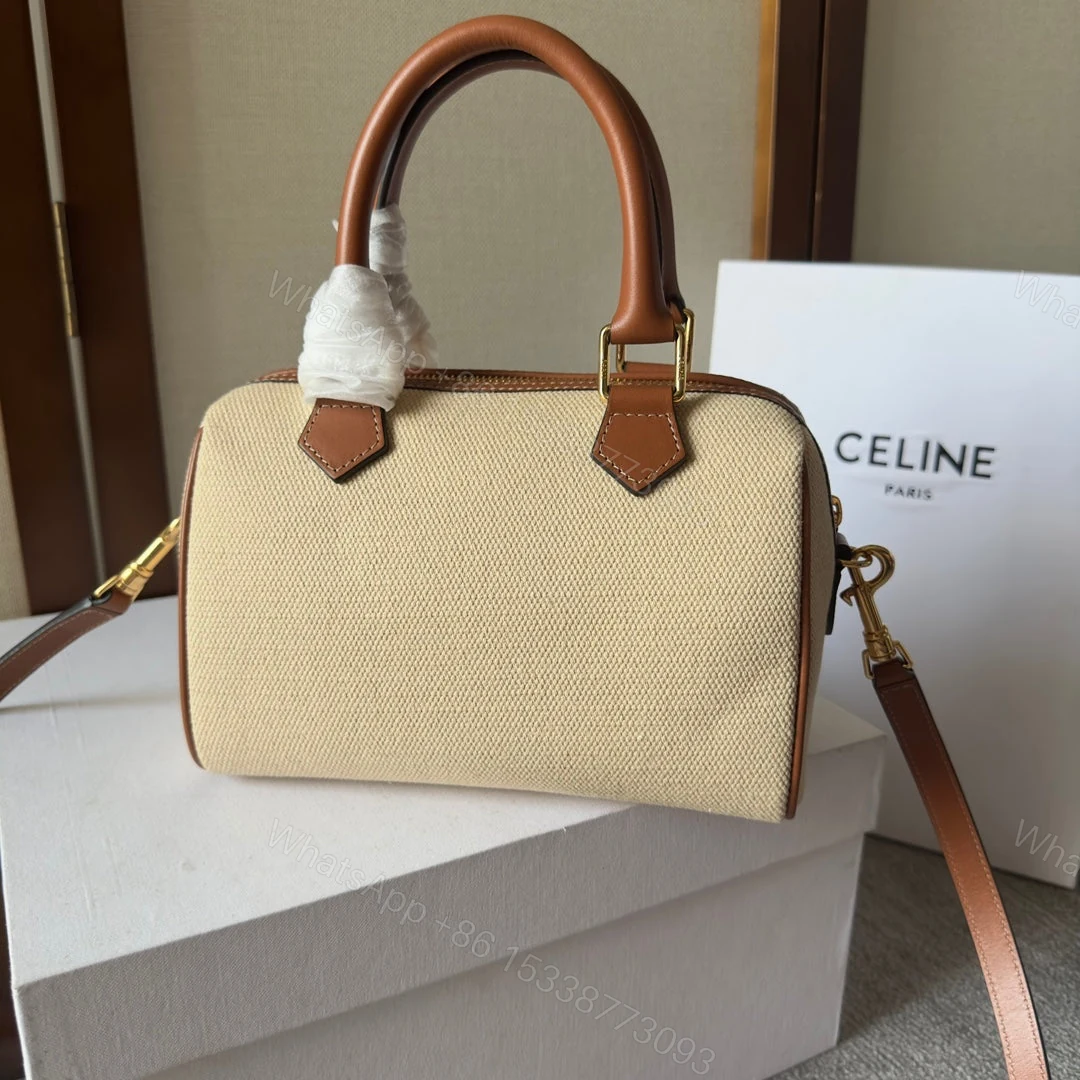 View 5 of CELINE SMALL BOSTON CUIR TRIOMPHE IN TEXTILE AND CALFSKIN TAN