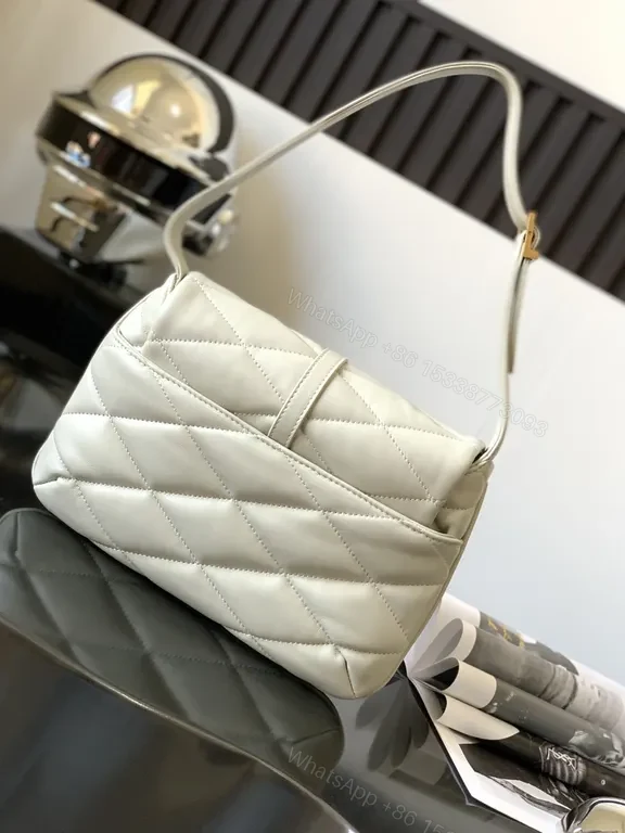 View 2 of White Quilted Leather Shoulder Bag with Gold-YSL Logo