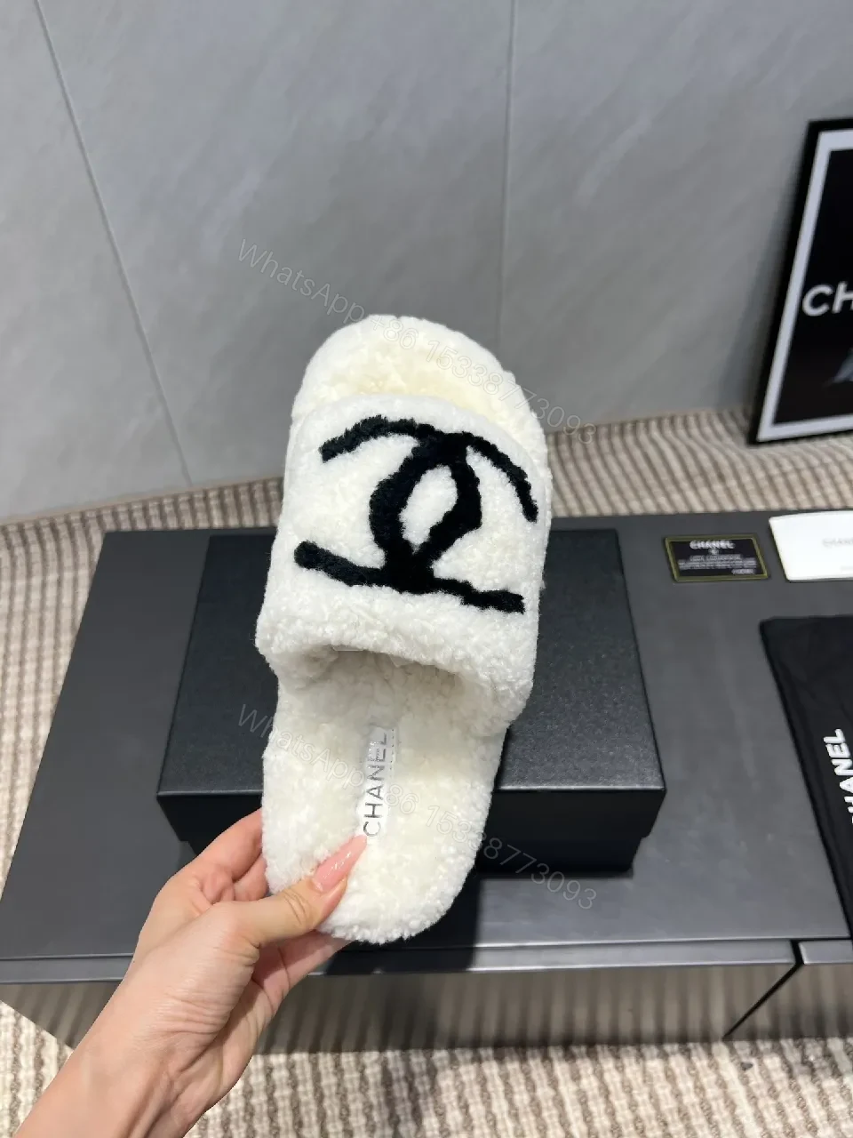 View 9 of Chic Plush Slippers: Memory-Foam Comfort, Logo Detail
