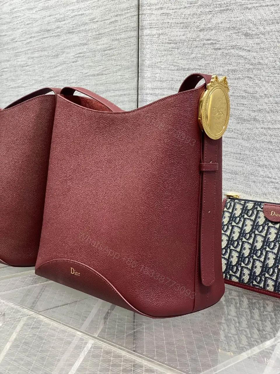 View 9 of Burgundy Pebbled Leather Handbag, Gold Hardware, Dior Monogram Detachable Cardholder Strap