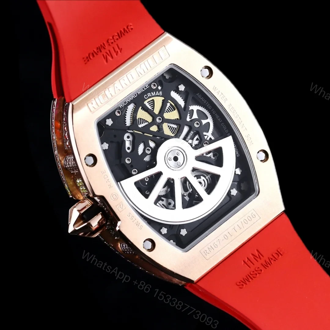 View 8 of Richard Mille RM67-01 Automatic Ultra Thin Skeleton Watch 38/48MM Barrel Case Red Strap Digital Hour Markers Premium Edition RM67-01-AT-RED-SK48