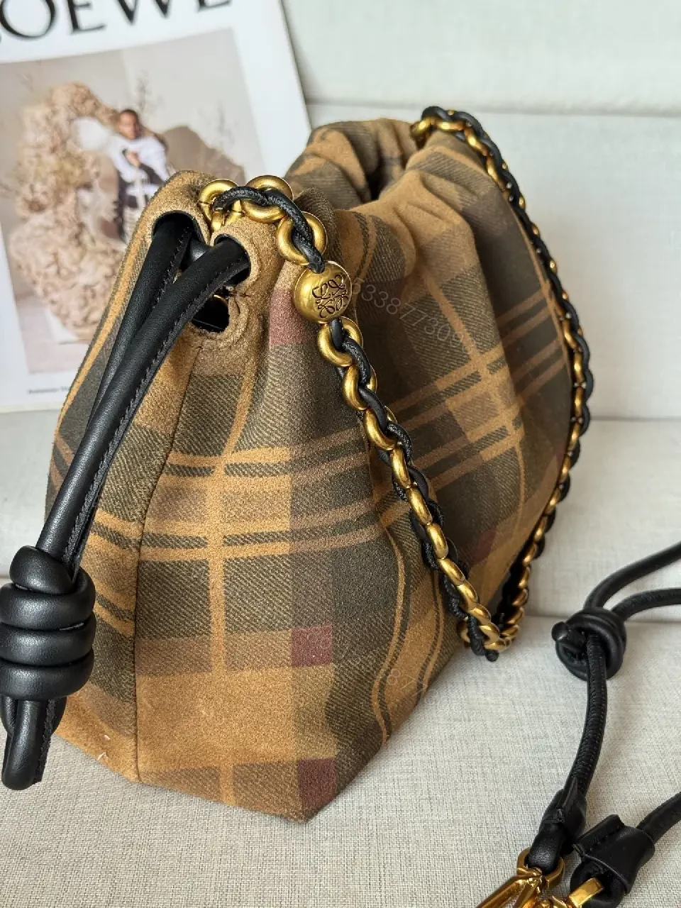 View 9 of Brown Plaid Leather-Trim Shoulder Bag with Chain Detail