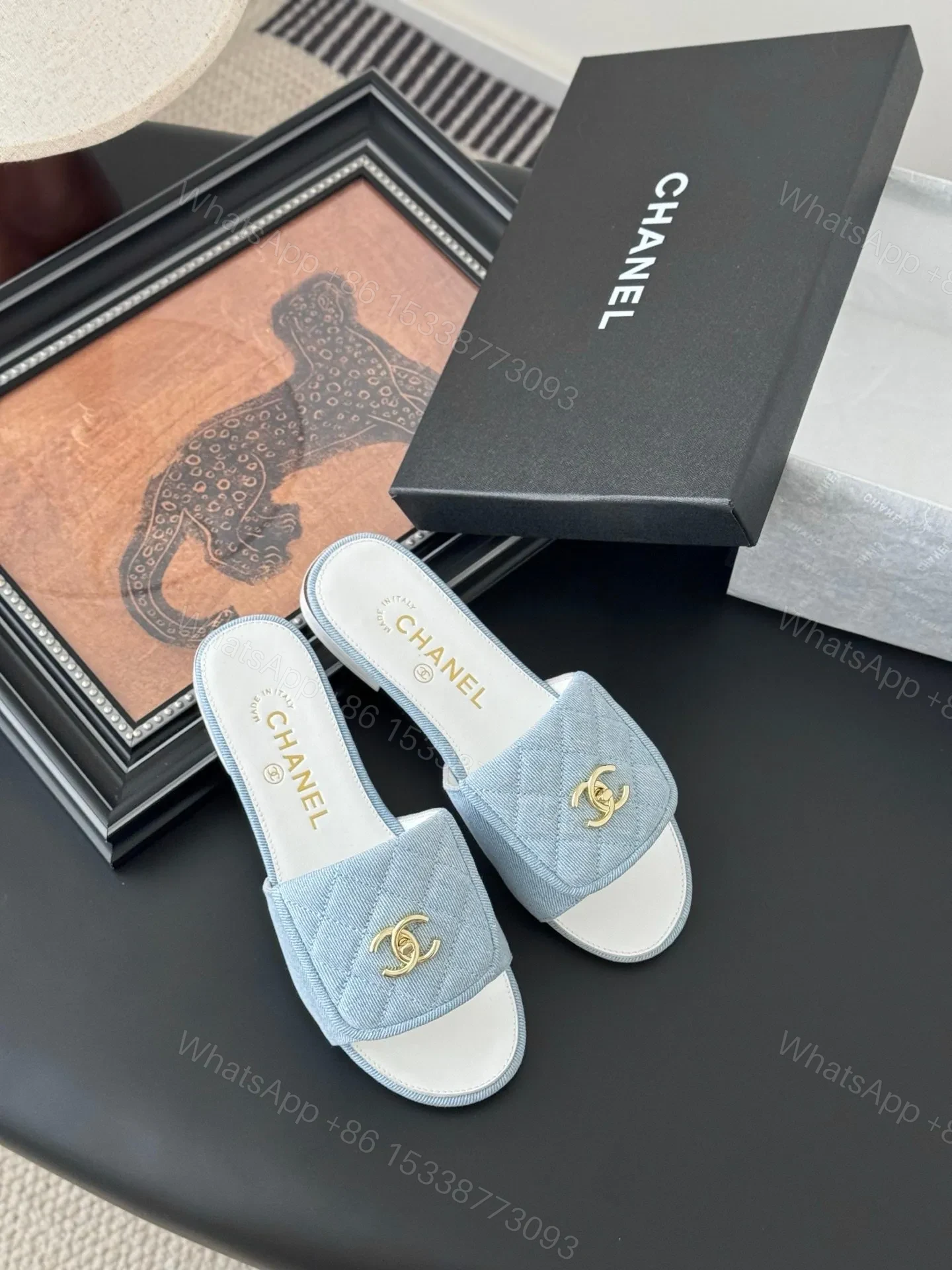 View 6 of Chanel Women Light Blue Quilted Fabric Slides