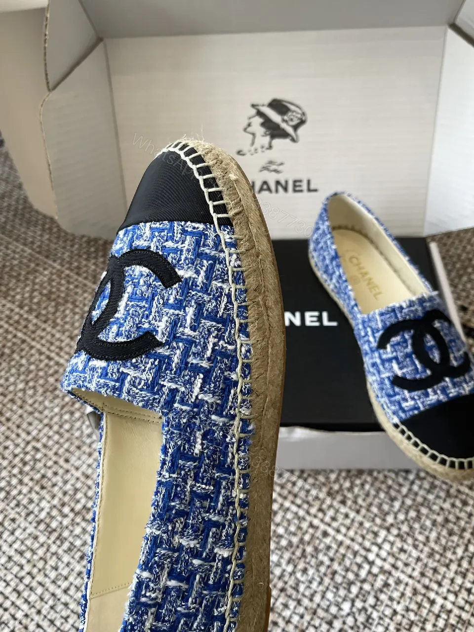 View 4 of Blue Tweed Espadrilles with Logo Accent, Luxury Flat