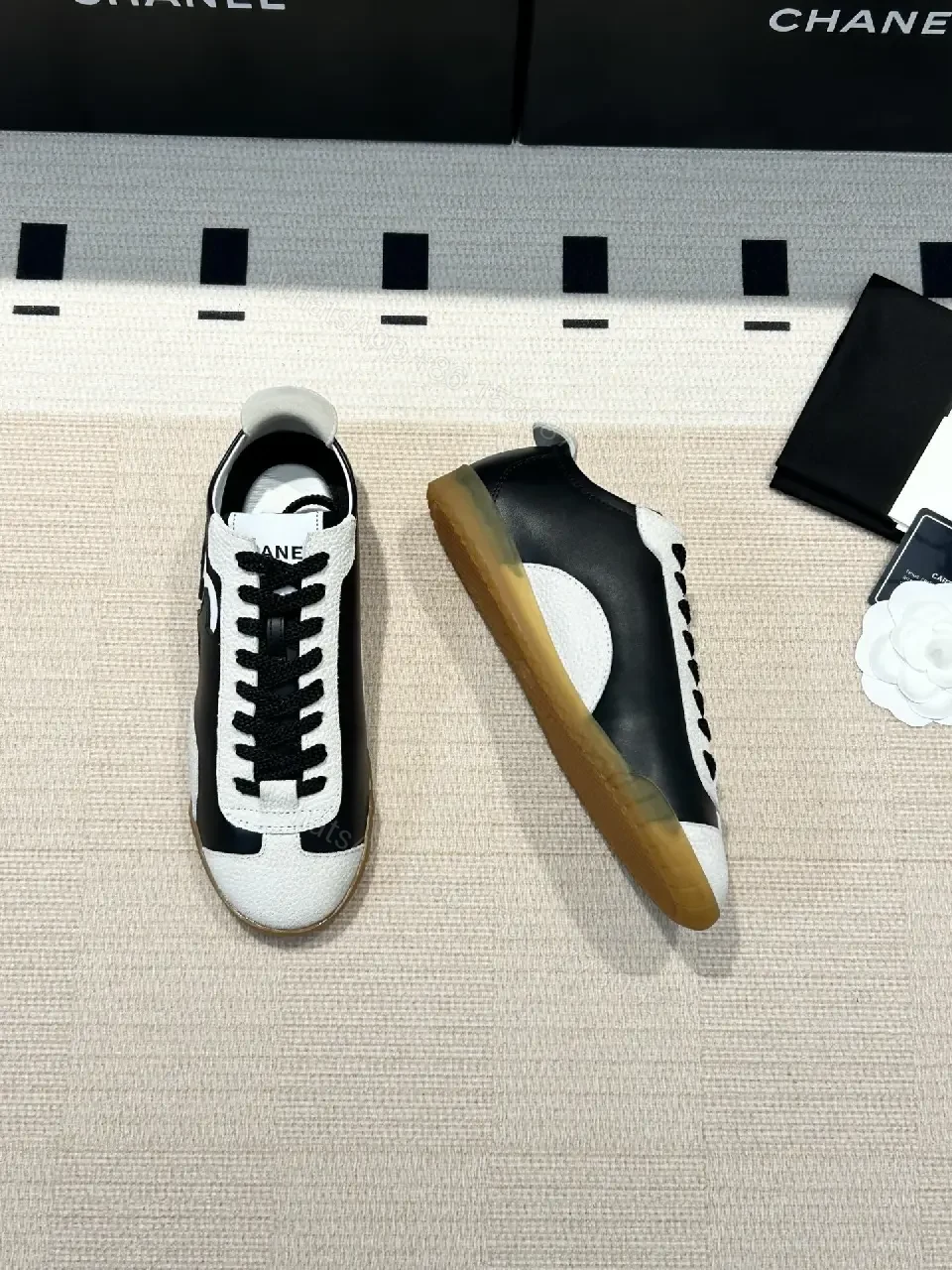 View 5 of Black Leather Techlo-Luxe Sneaker: Graphic Stripe, Cushioned Comfort