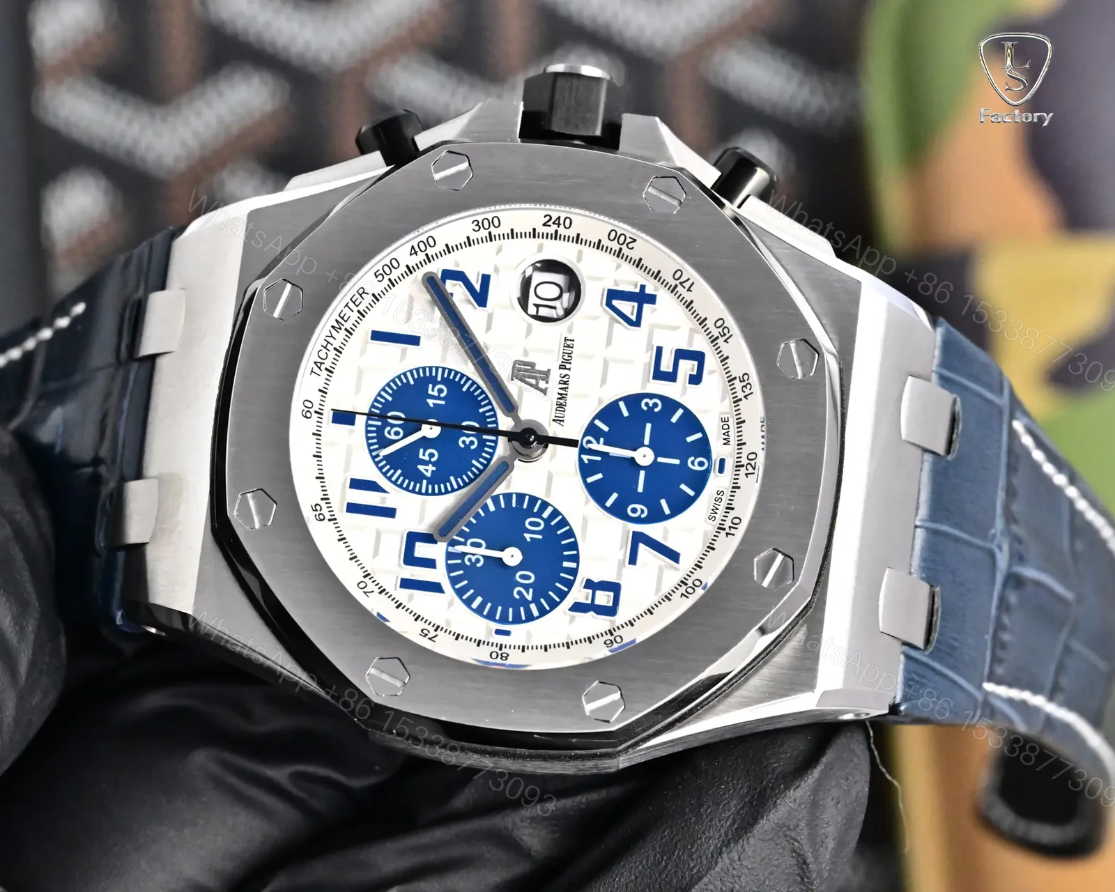 View 4 of Audemars Piguet Royal Oak Offshore 26470 Watch 42MM Stainless Steel Case White Dial Blue Leather Strap Ultimate Edition AP-ROO-26470-SS-WHT-BLU-42