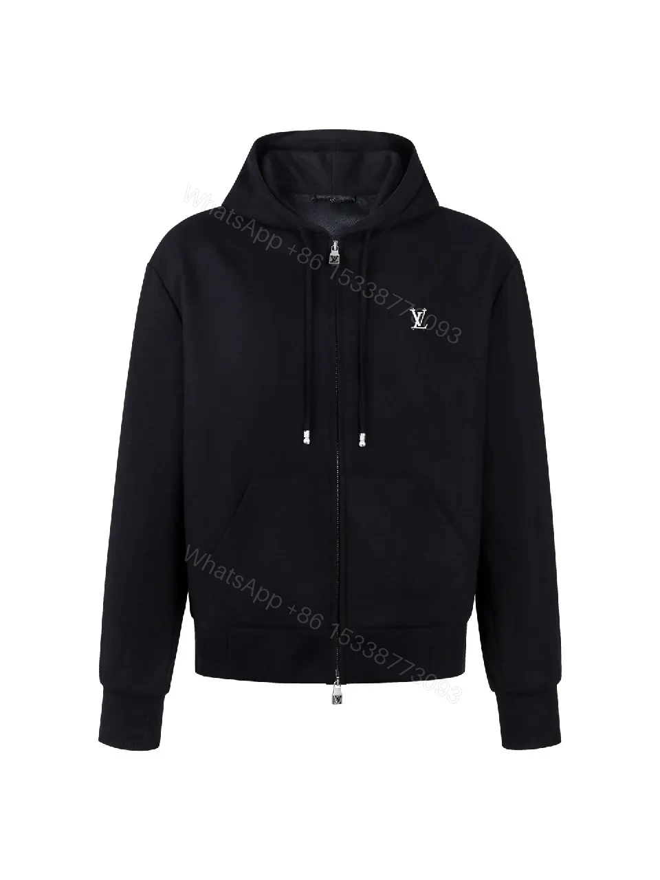 Black Cotton Zip Hoodie with Subtle Monogram Embroidery — view 1