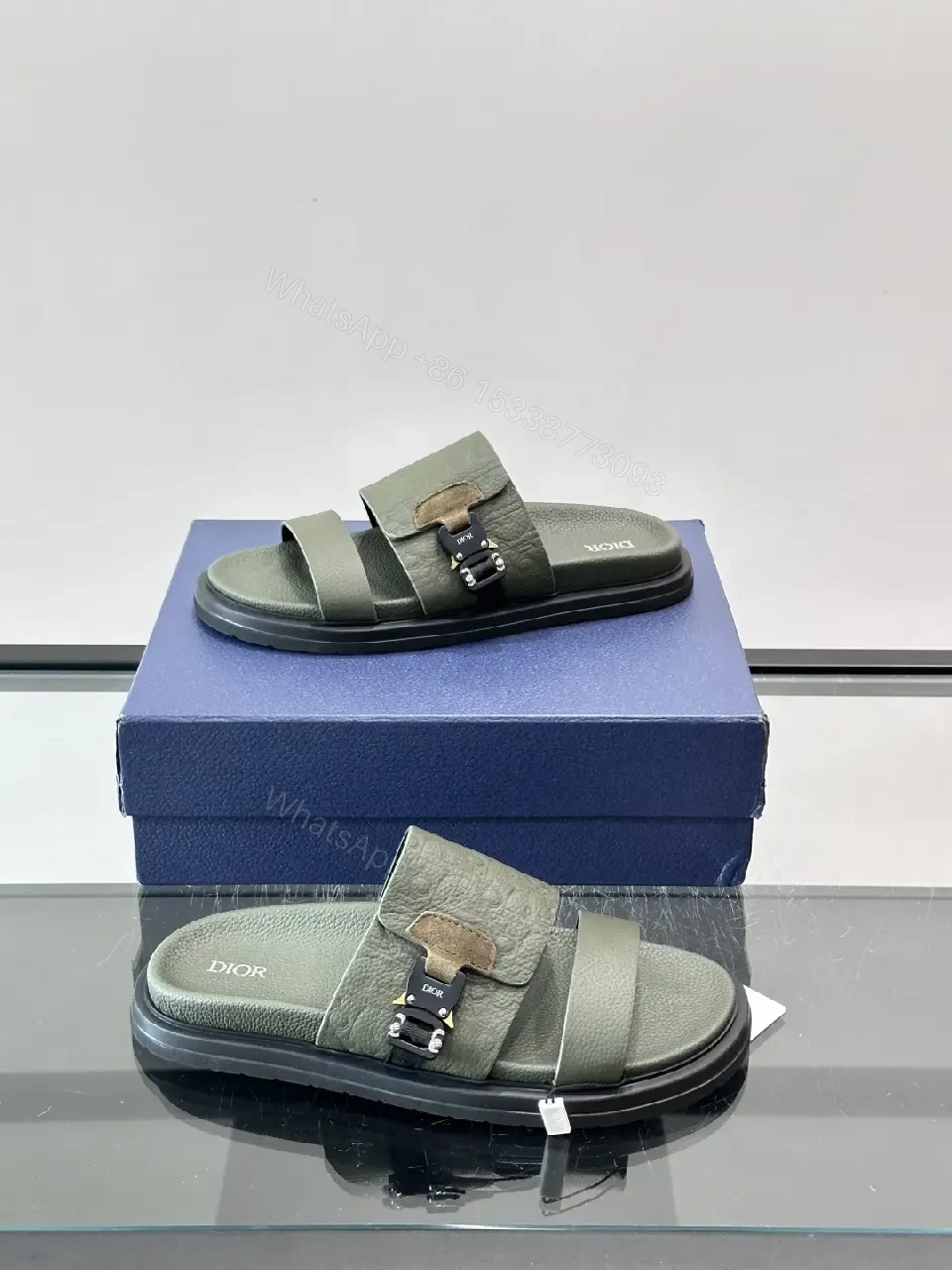 View 9 of Olive Green Embossed Leather Sliders Sandals