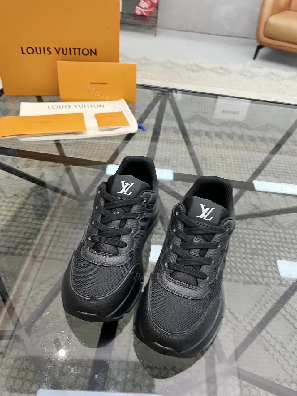 View 5 of Black Leather-Textured Runner with Signature Detailing Sneakers