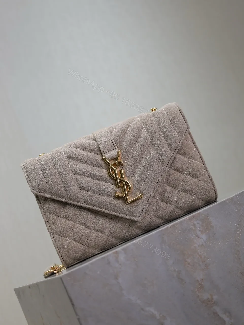 View 7 of Taupe Velvet Quilted Clutch with Gold Accent