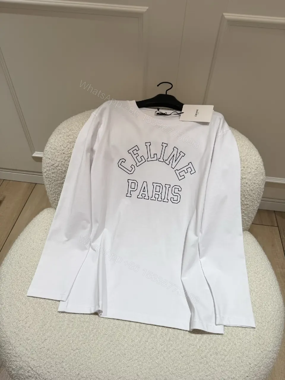 View 2 of White cotton long-sleeve T-shirt with Paris print for everyday luxury