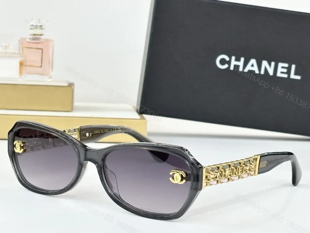 View 3 of Black Acetate Sunglasses + Gold Chain Temples + Luxe Style + All-Day Comfort + Sunglasses