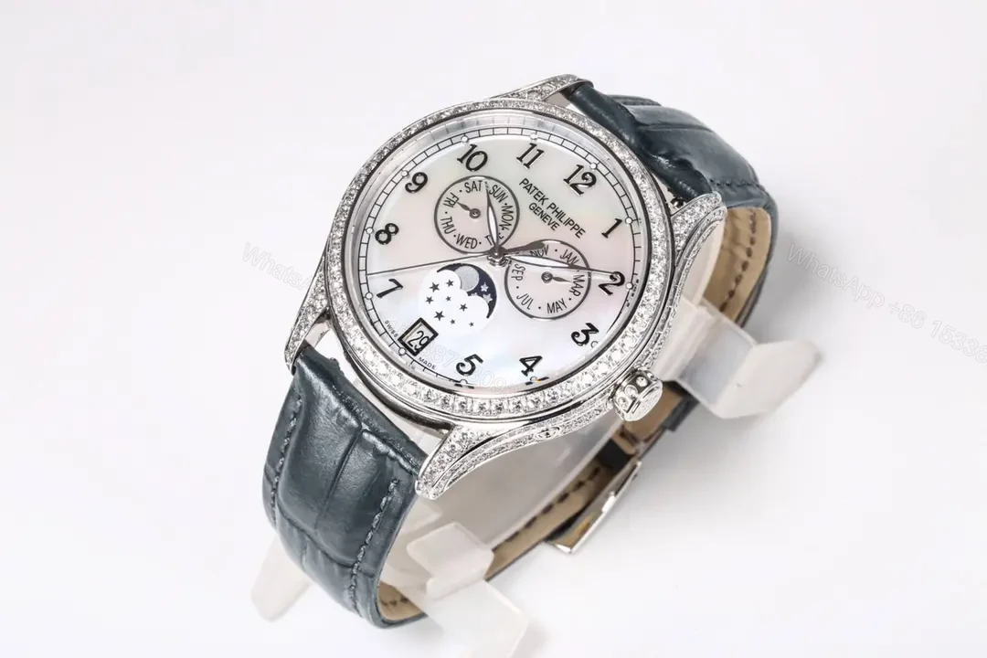View 2 of Patek Philippe Complications Annual Calendar Moon Phase Women’s Watch 4947R/4947G 4948R/4948G Rose Gold/White Gold Diamond Set Case Black Leather Strap