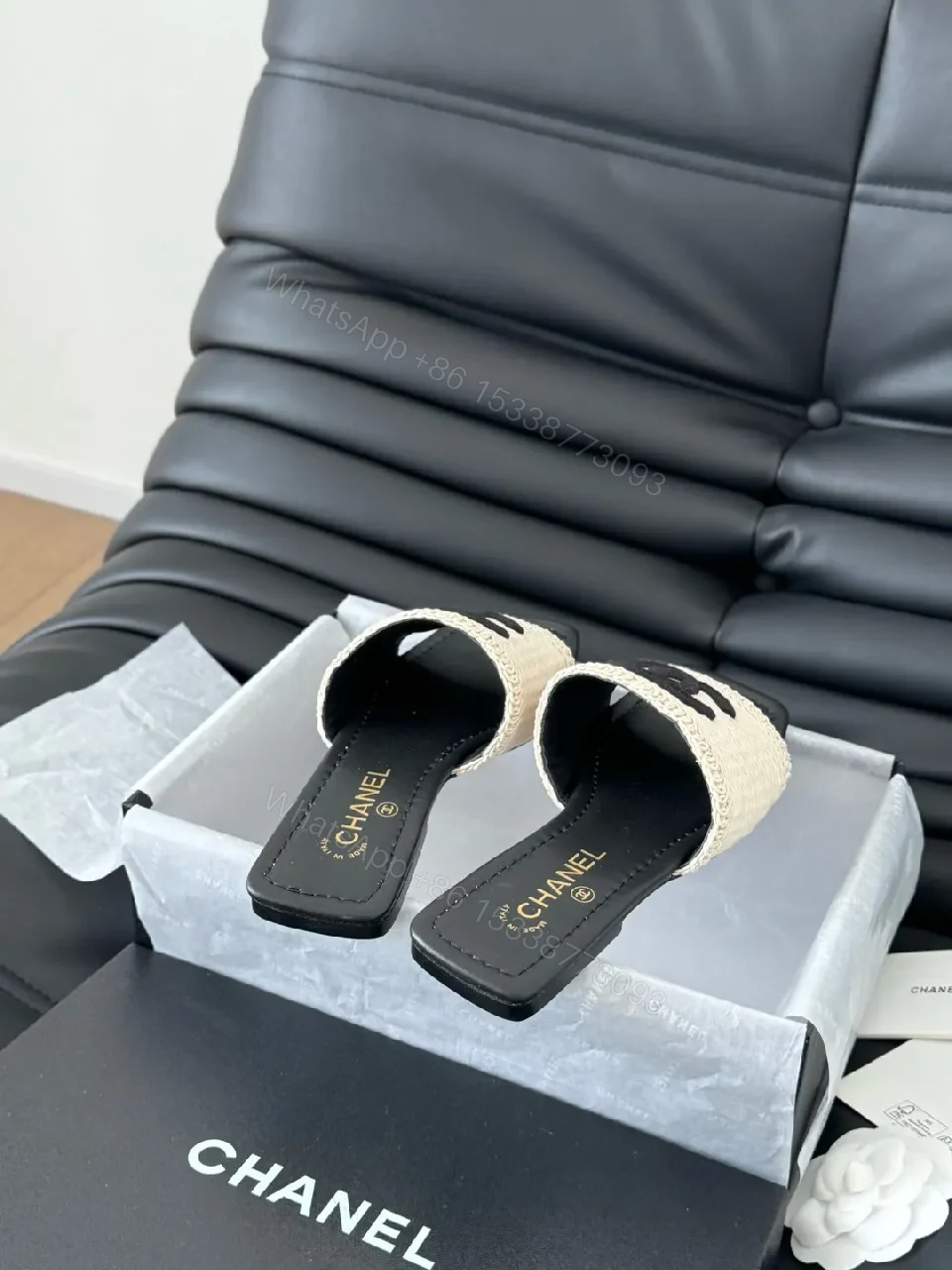 View 5 of Beige Canvas Slides with Interlocking Logo, Luxe-Style Comfort