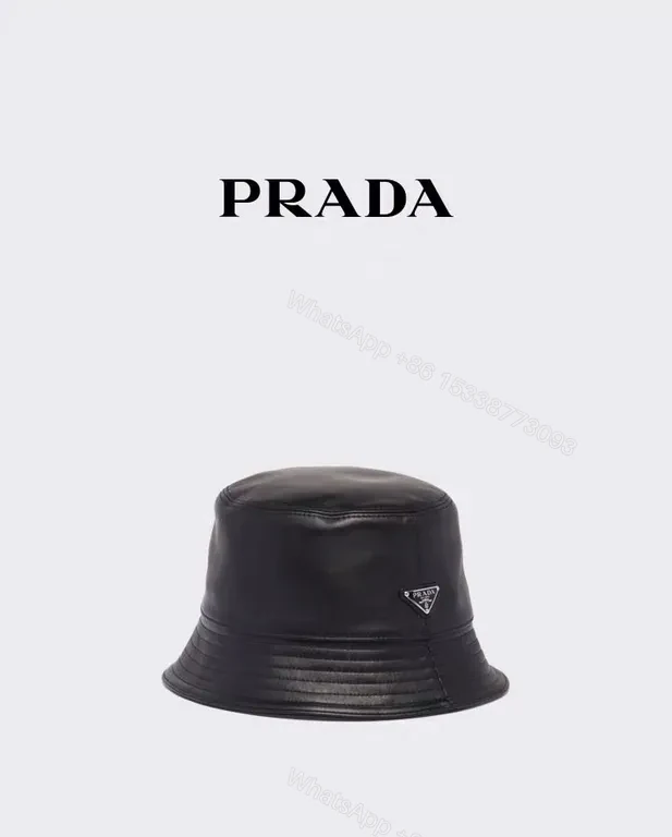 View 5 of Black Leather-Texture Bucket Hat with Prada-Inspired Logo