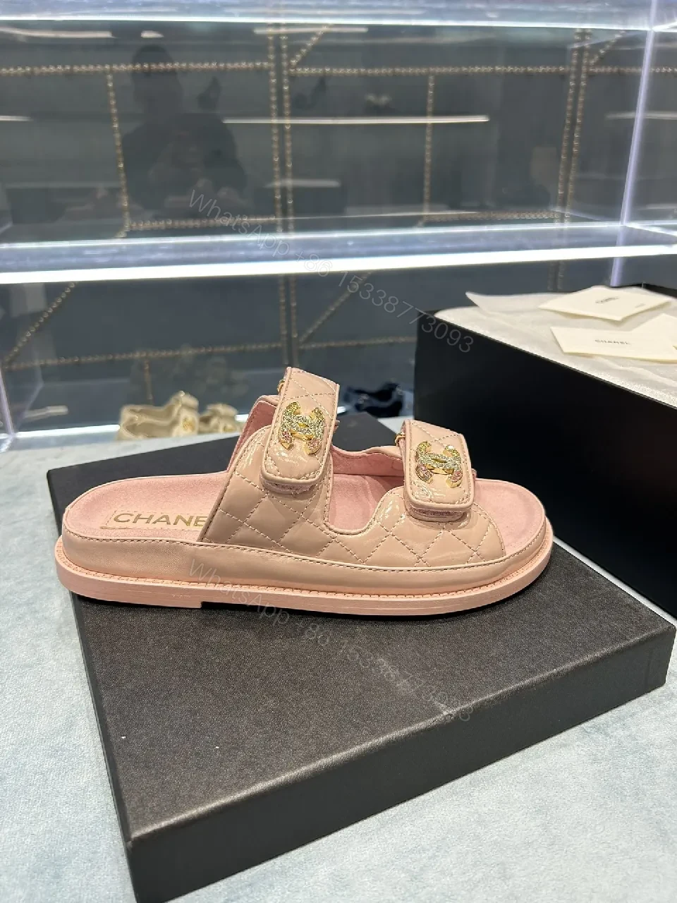 View 5 of Soft Pink Quilted Sandals with Crystal Straps - All-Day Comfort