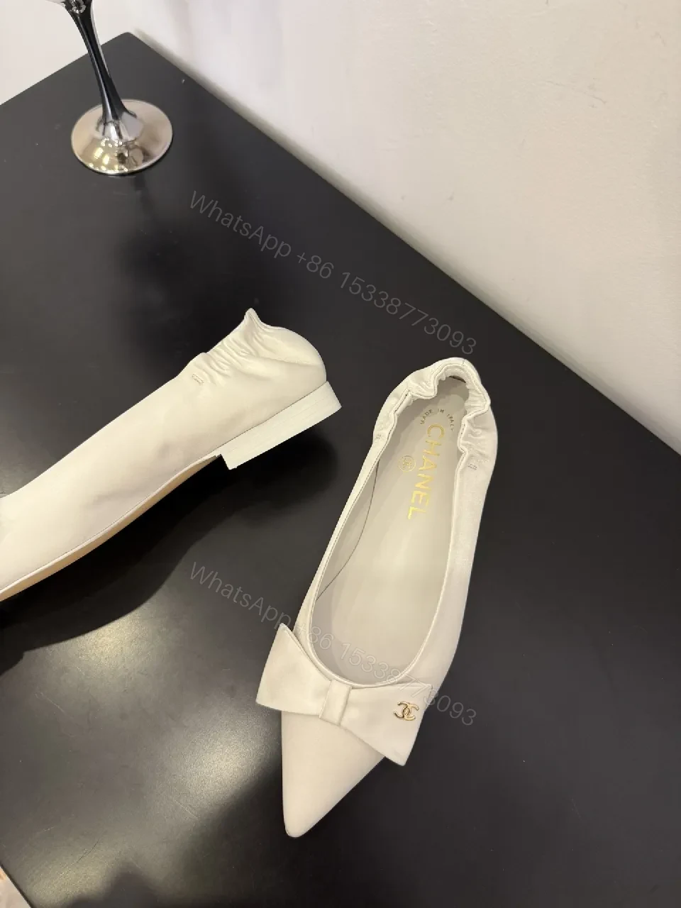 View 5 of White Textured Pointed-Toe Pumps with Bow, Luxury Flat