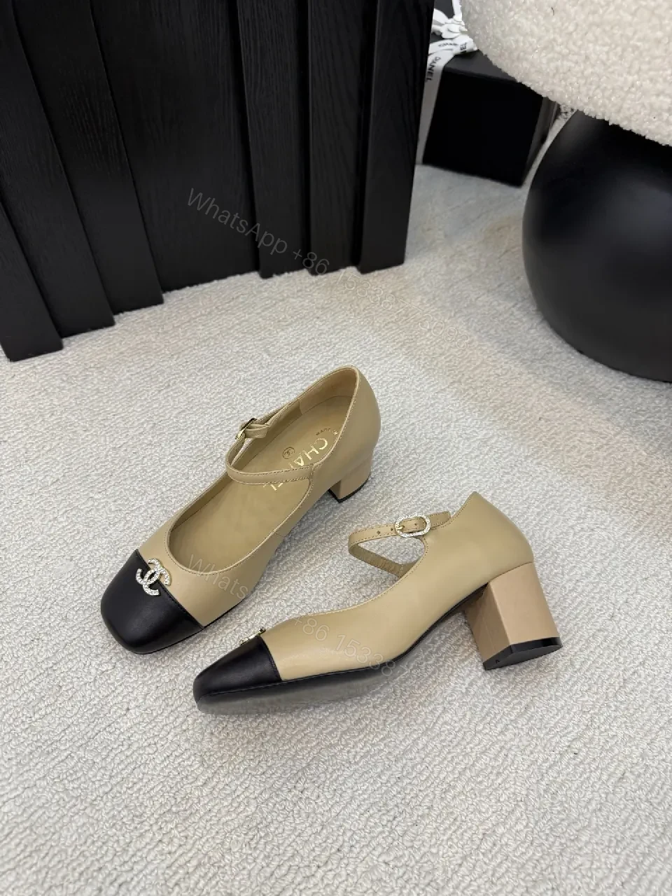 View 9 of Two-Tone Leather Midi Heel Pumps with Cap Toe Shine