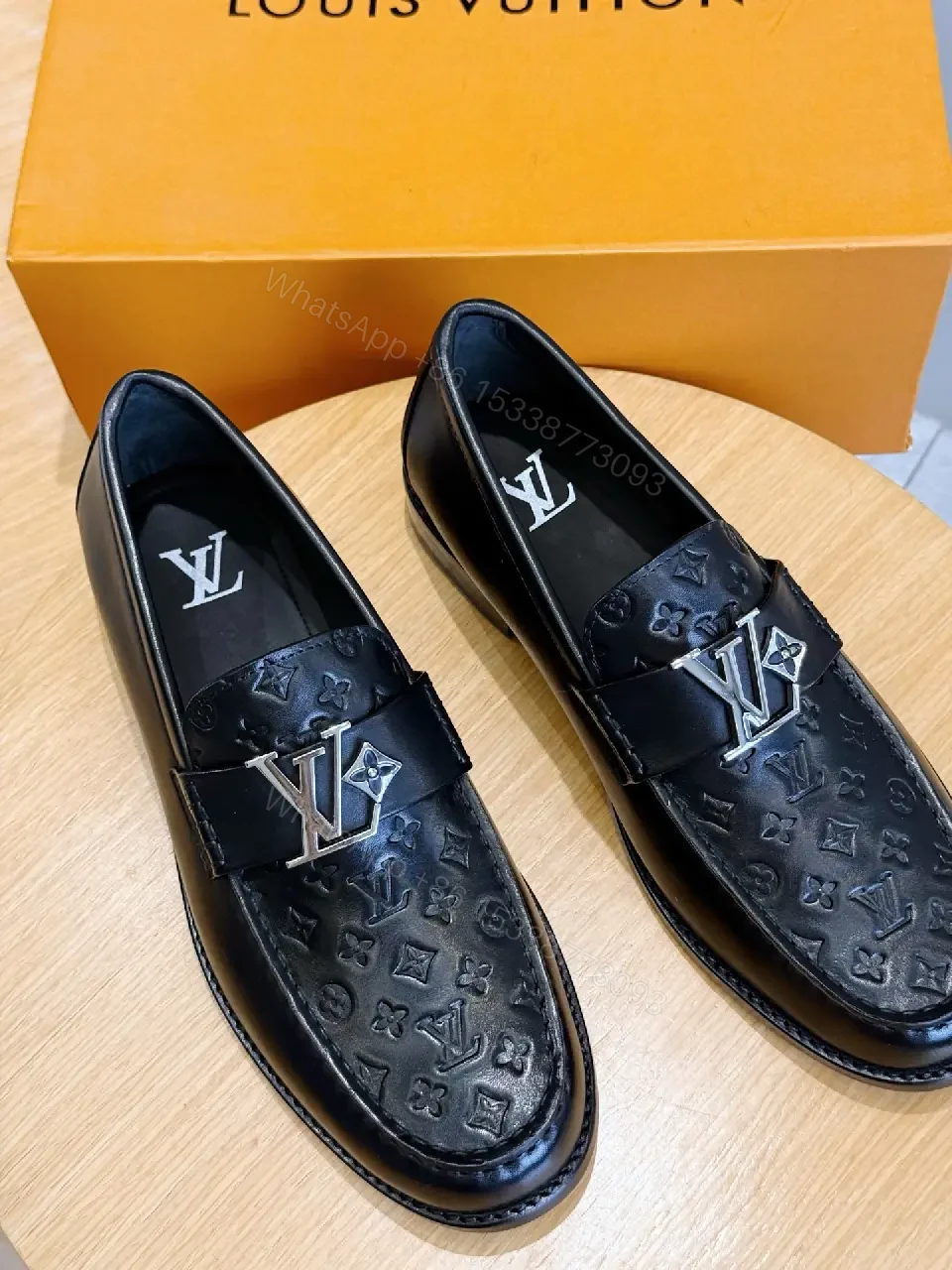 View 3 of Black Leather Monogram Penny Loafers Louis Vuitton Stylewith LV Logo