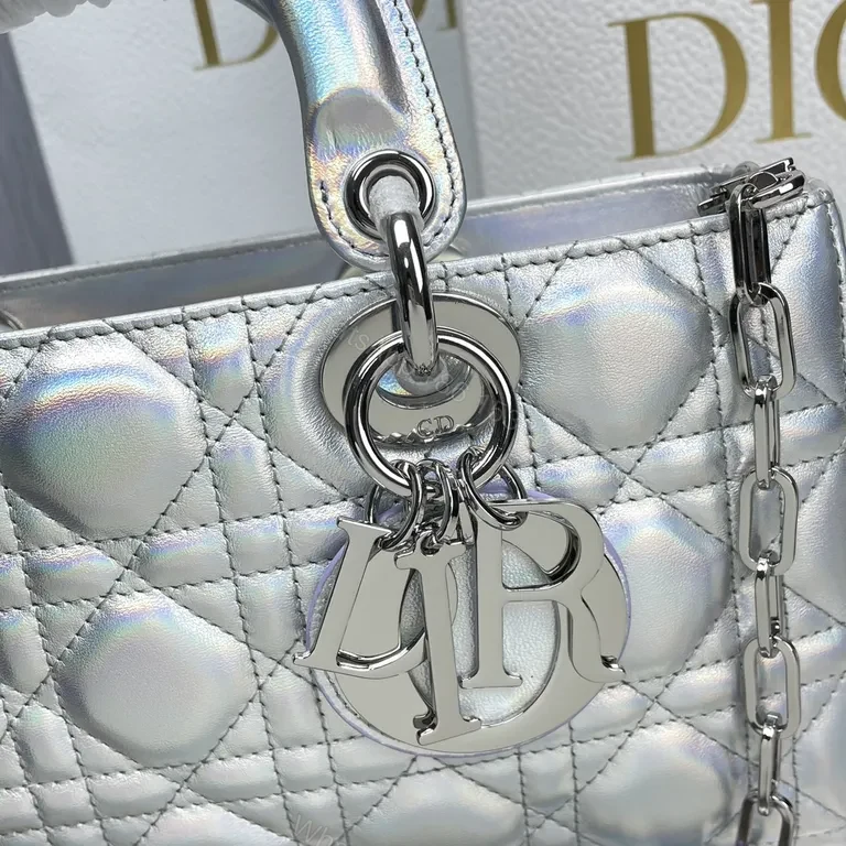 View 8 of Iridescent Quilted Dior-Inspired Bag: Silver Shine Luxury Tote