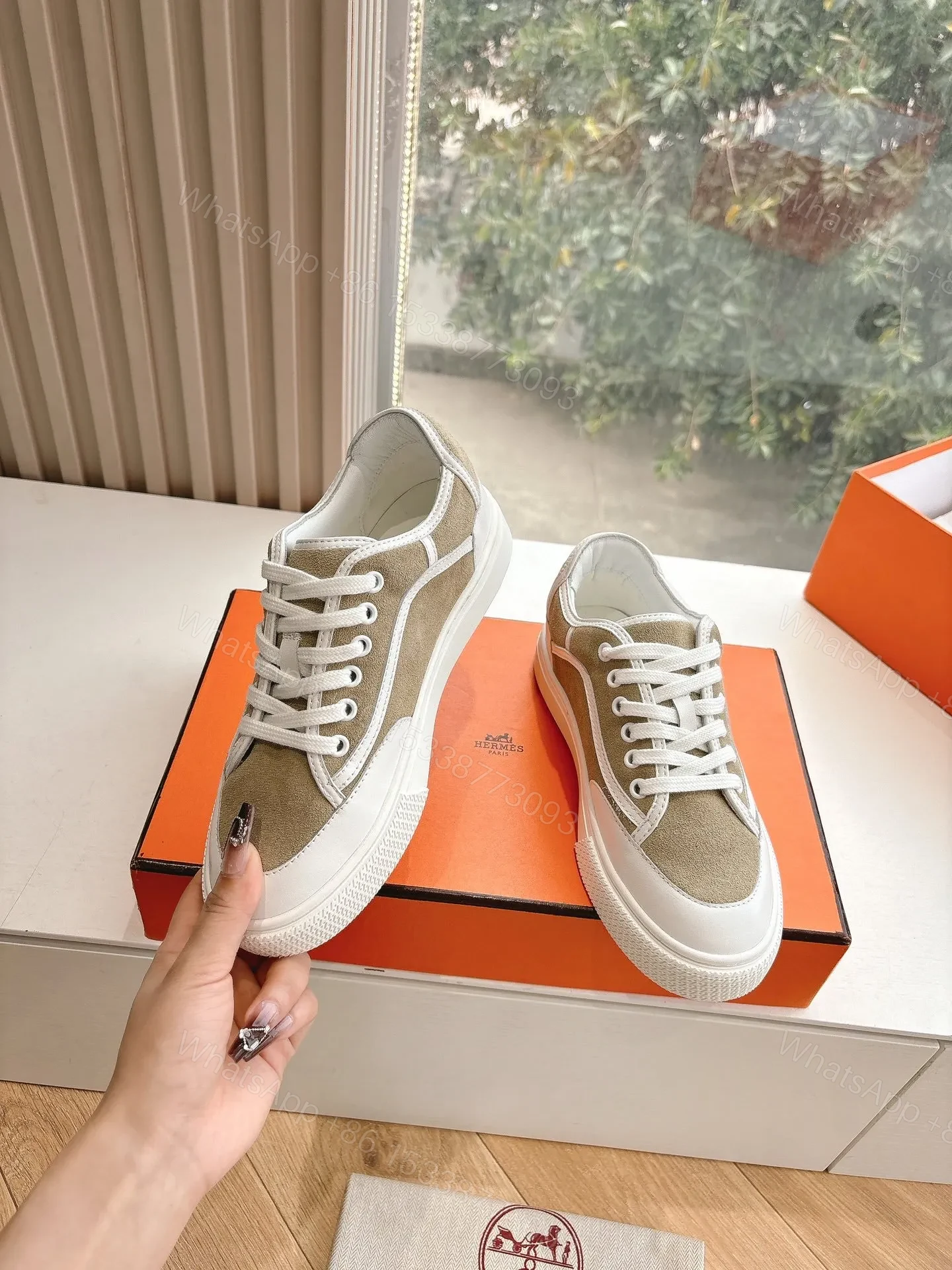 View 6 of Hermes Women Beige Suede White Leather Sneakers