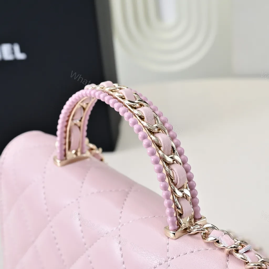 View 8 of Soft Pink Quilted Mini Bag with Gold Chain, Satin Texture, Everyday Luxury