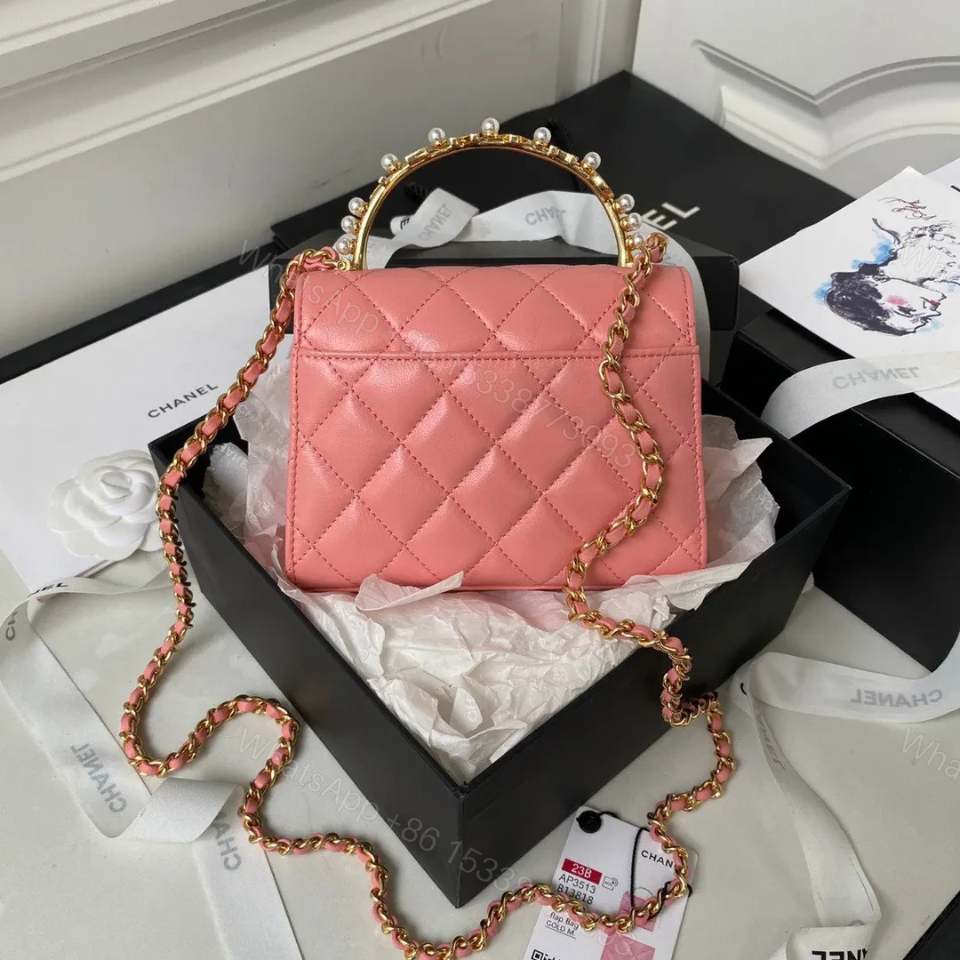 View 8 of Chanel Woc Pink Handbags With Pearl Handle 11.5×14.5×5.5cm