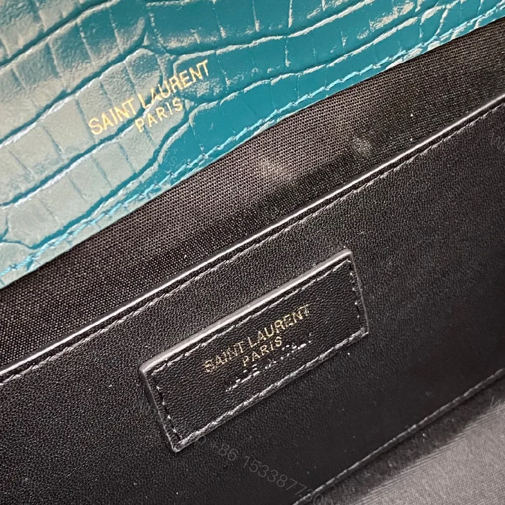 View 6 of Teal Croc-Texture Evening Bag with Gold Monogram Clasp