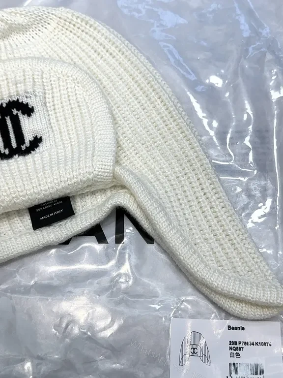 View 4 of Ivory Merino Knit Ear Warmer Hat - Luxe Logo Emblem