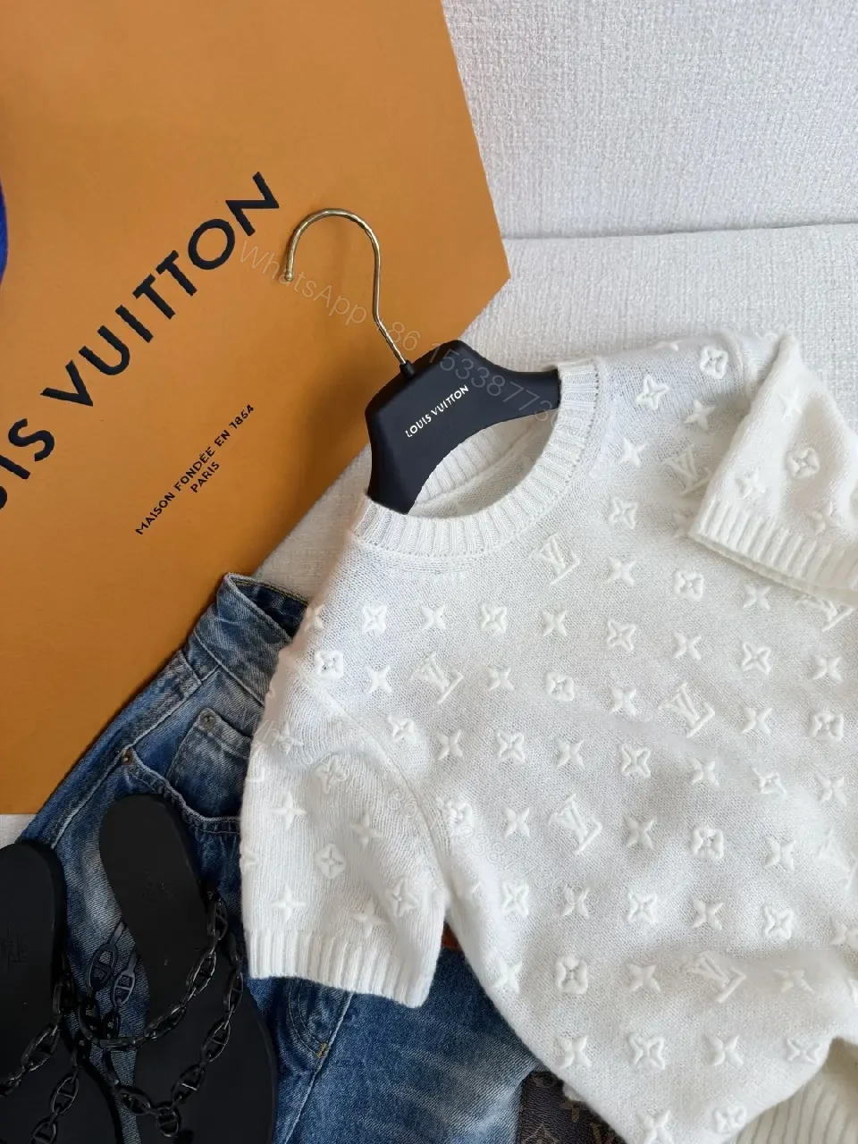 View 2 of White Knit Sweater Baggy Monogram Star Pattern Crew Neck Knitwear