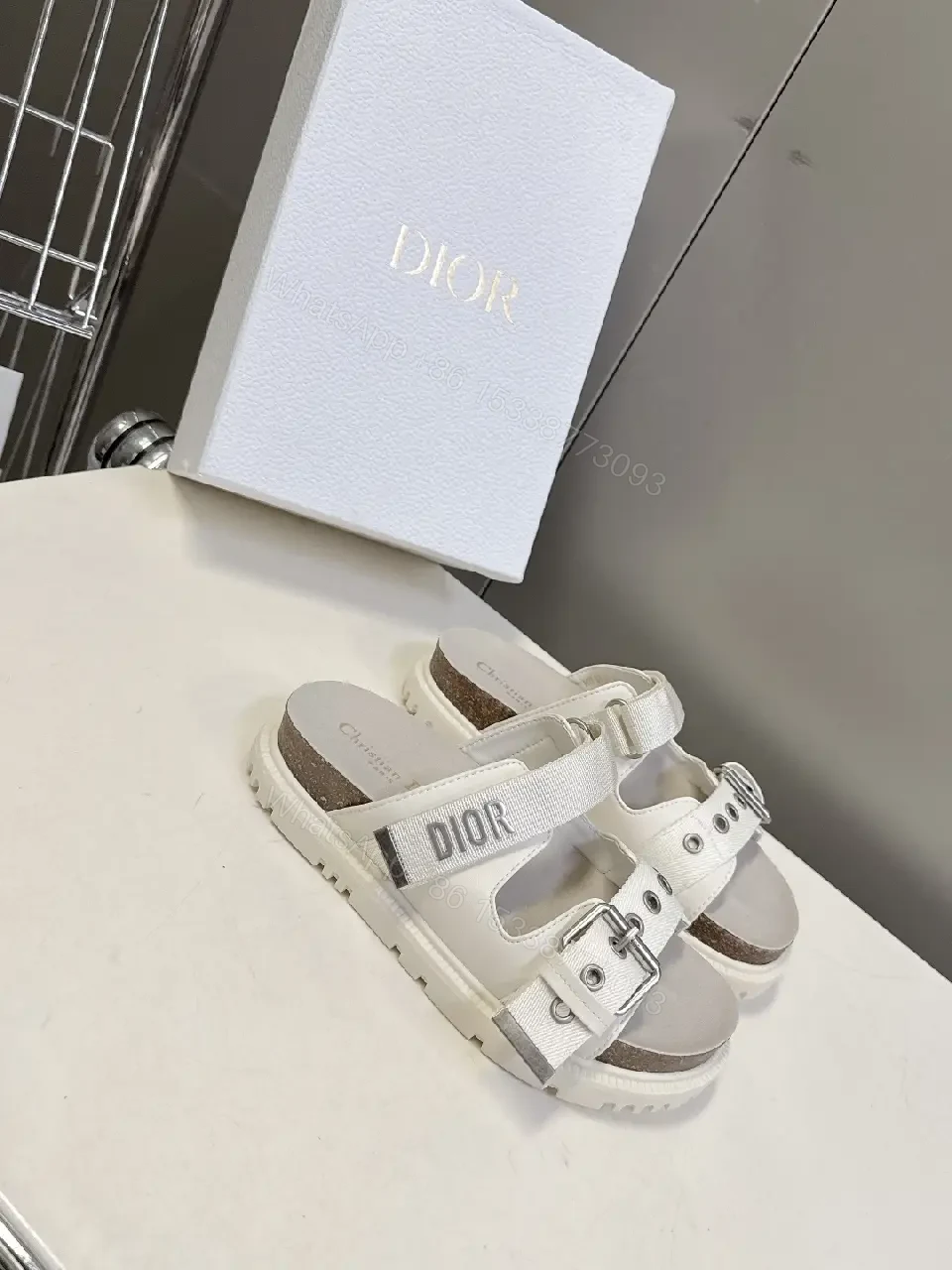 View 5 of White Leather Sandals with Buckle Straps - Dior Inspired Style