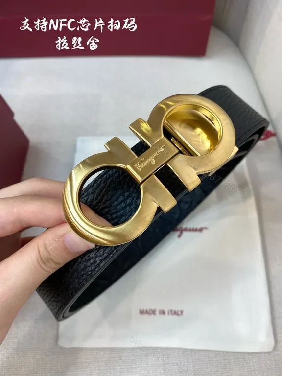 View 4 of Gancini Gold Buckle Belt â€“ Black Calfskin, 3cm, Ferragamo