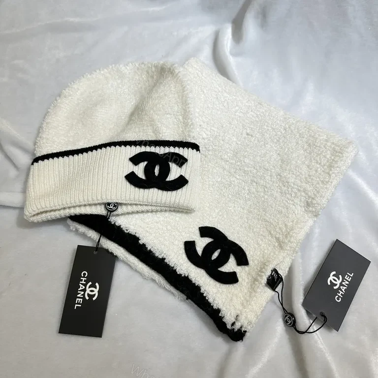 View 3 of Chic Logo Plush Scarf & Beanie Set â€“ Cream/Black, Cozy Luxury