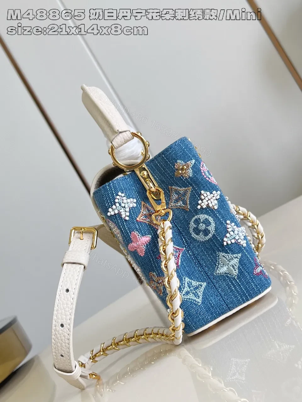 View 3 of Denim Embellished Mini Handbag with Signature Motif