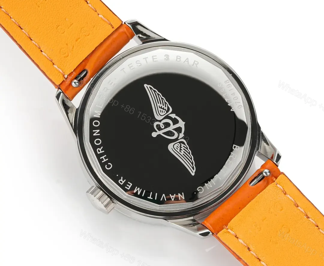 View 9 of V9 Factory Breitling Women’s Navitimer Automatic Watch – Silver Dial, Orange Leather Strap, 35mm Stainless Steel Case